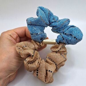 Shiny blue and tan color scrunchies mesh glitter glam accessories